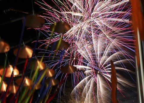 Spectacular white, pink and blue fireworks going off