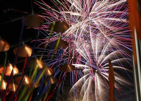 Spectacular white, pink and blue fireworks going off.