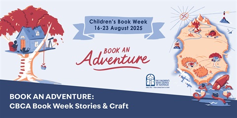 A promotional image for Children's Book Week 2025. The left side features a large tree with red leaves and a blue house on one of its branches. Below the house, there is a swing hanging from the tree. The right side shows an illustrated map with various landmarks such as mountains, trees, and a lighthouse. 