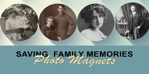 A promotional banner featuring four sepia-toned and black-and-white vintage photographs arranged in circular frames.