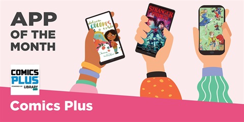 Three illustrated hands hold smartphones, each displaying a different comic book cover.