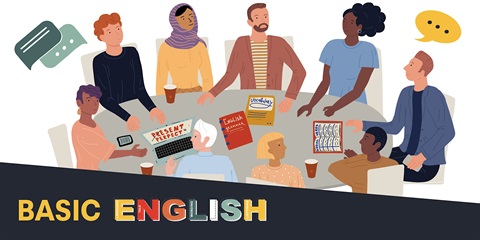 Illustration of classroom setting with students learning basic English, featuring books, a whiteboard, and a teacher guiding the lesson.