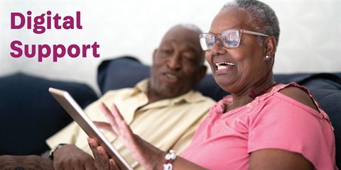 Two elderly individuals sit on a couch, with one person using a tablet device. Bold purple text on the left side reads 'Digital Support'.