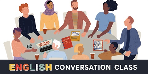 A diverse group of people engaged in an English conversation class, sitting around a table with books and notes.