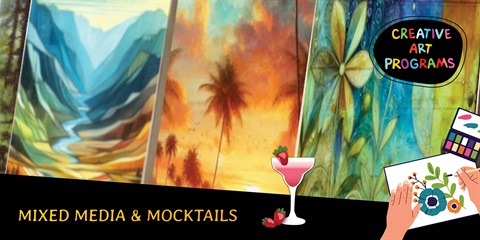 A painting depicting a mountain landscape with palm trees in the foreground, showcasing a blend of nature's elements.