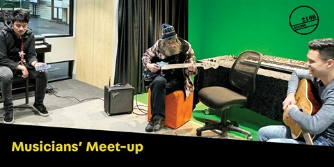 A group of musicians gathers to discuss their upcoming performance, sharing ideas and instruments in a lively atmosphere.