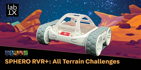 Illustration of s Sphero RVR navigating various all-terrain challenges, showcasing its versatility and rugged design in action.