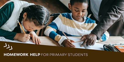 2 kids students engaged in homework help with a tutor, featuring books and learning tools on the desk.